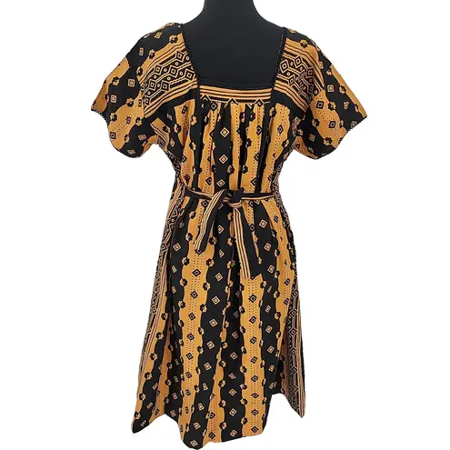 Black Yellow Striped Dress Floral Tribal Summer Maximalist Eyelet Trim Size M Size M