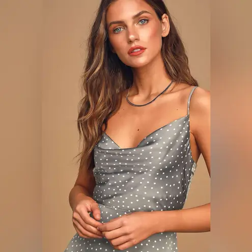 NWT Lulus Spot in My Heart Sage Grey Polka Dot Satin Cowl Neck Mini Dress sz Med Gray