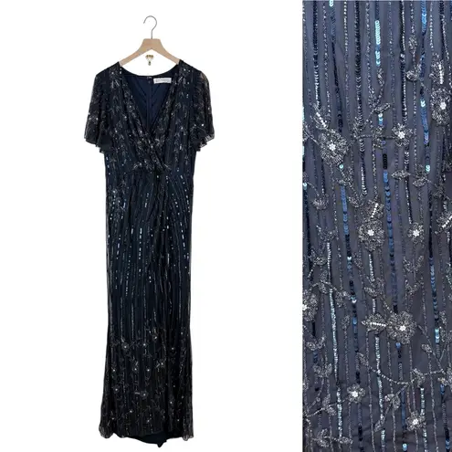 Mac Duggal Sequin Embellished Beaded Faux Wrap Gown Navy Blue Sz 14 NWT 93654