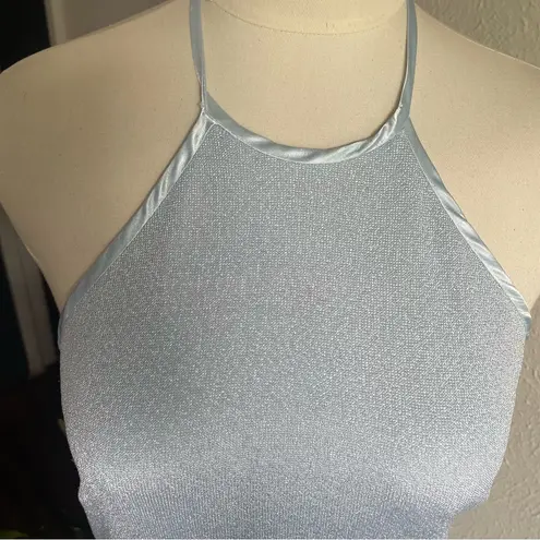 Vintage Nadine Silvery Blue Halter Maxi Dress Size 11 Y2K Shimmer Gown Open Back