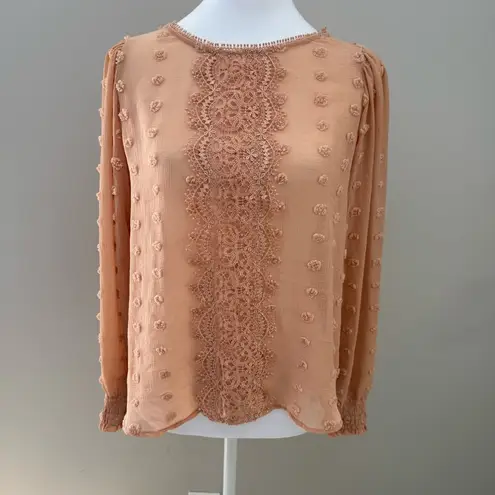 Blu Pepper  Anthropologie chiffon crochet flowy boho top salmon neutral sheer