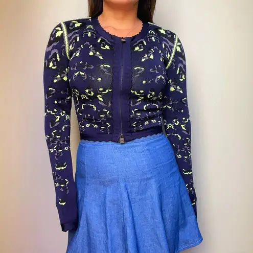 Herve Leger blue animal print front zip cropped cardigan jacket size S small