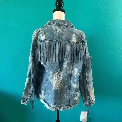 Fantastic Fawn Blue Fringed Western Distressed Denim Jacket Womens Size M