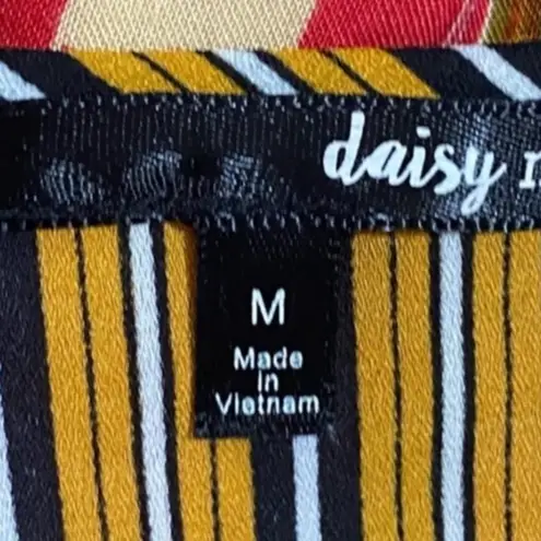 Daisy May mustard yellow and black vertical striped cropped front tie blouse