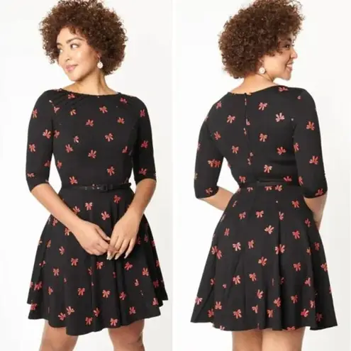 Unique Vintage Black & Red Bows Print Stephanie Fit & Flare Dress, 3X