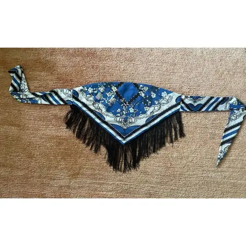 Blue Floral Stripe Fringe Bandana Tube Top L Strapless Tie Back Cotton Blend Size L