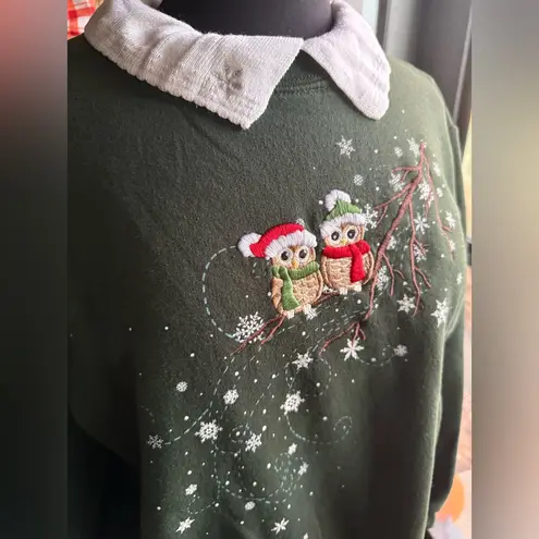 Vintage Top Stitch winter holiday owls sweatshirt, size large Green