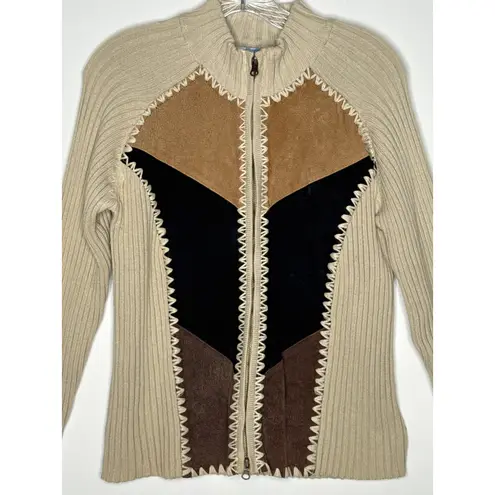 Vintage Kikit by Maurice Sasson Leather Knit sweater zipper jacket 90s Western M Tan Size M