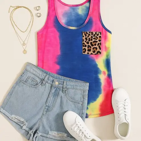 CCC Colorful Tie Dye Tank Top Leopard Print Chest Pocket Sleeveless Shirt Size S Pink