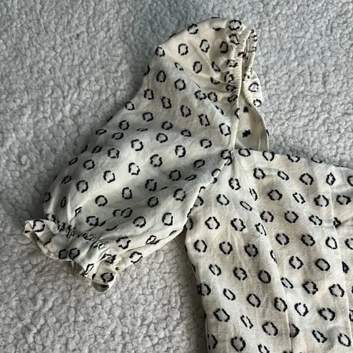 FORE Cream and Black Patterned Linen Blend Puff Sleeve Mini Dress White