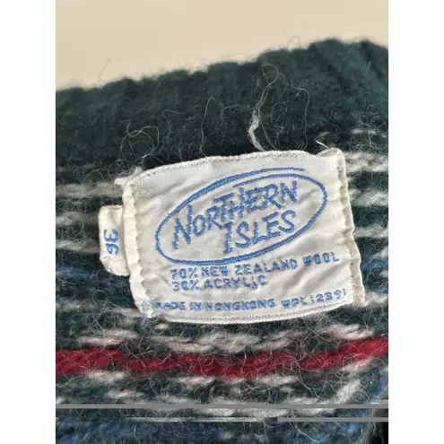 VTG 80s 90s North Isles Womens 36 Small Knit Fair Isle Sweater Green Holiday