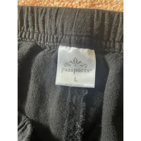 Passports Black Linen Blend Pants Size L Elastic Waist Relaxed Fit Drawstring Black Size L