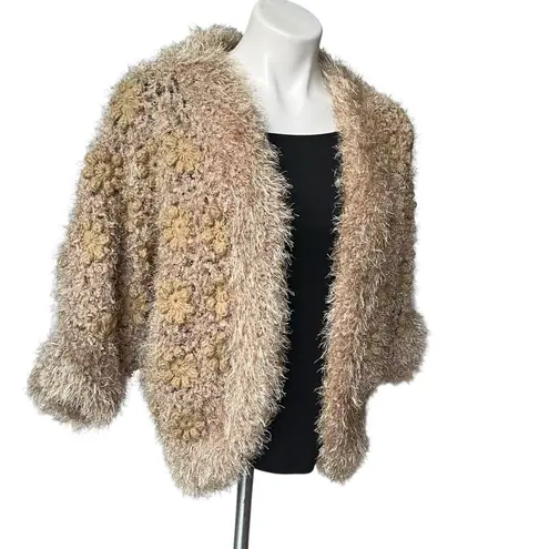 Talk Of The Walk Chunky Knit Crochet Inset Open Front Sweater Cardigan, Sz M Gold Size M