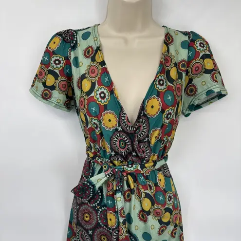 Vintage Y2K 90s Luna Claire Babydoll Dress Small Green Retro Geometric Pockets