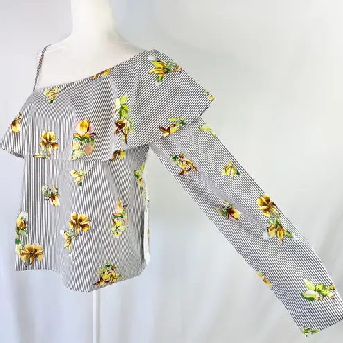 Lumière New Floral Striped One Shoulder Long Sleeve Shirt Grey Multi