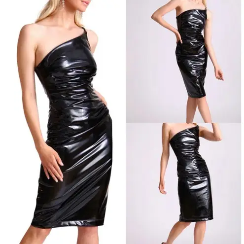 Avec Les Filles Dress SZ Small Faux Ever Leather One-Shoulder Bodycon Black NWT