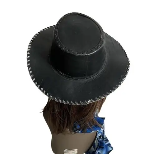 None Black Leather Hat Silver Laced Edge Outback Southwestern
