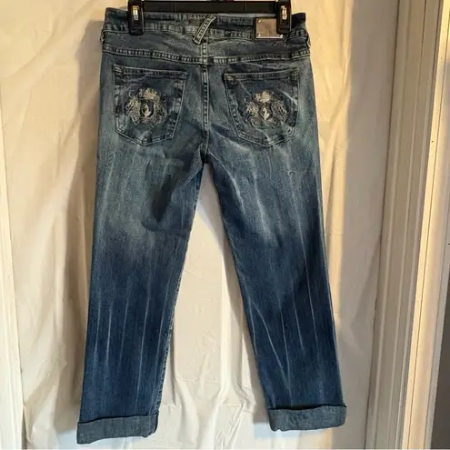 Baby Phat Vintage Retro Y2K Women's Cuffed Crop Jeans Sz 7 Whiskers Embroidered