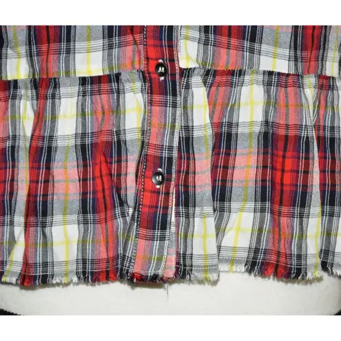 Splendid Red Plaid Edgeware Top Size XS Peplum Raw Hem Button Up Split Neck
