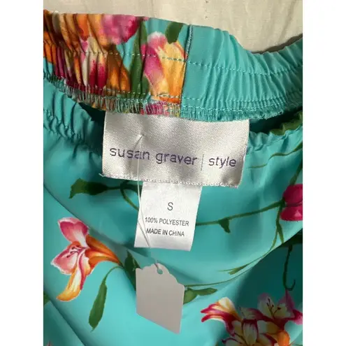 Susan Graver Style Floral Skirt Elastic Waist Pull On Casual Blue S