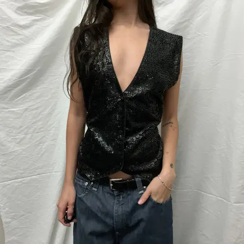 80s 90s vintage black satin sequin minimalist v neck fitted vest top blouse