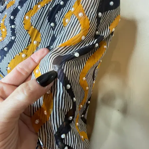 Handmade VTG 70’S Maxi Dress Long Sleeve Pleated Yellow Gold Blue Pearls Formal XS Bow