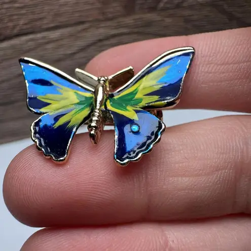 Butterfly Insect Blue Yellow Green Enamel Brooch Pin Gold Tone Set Of 2