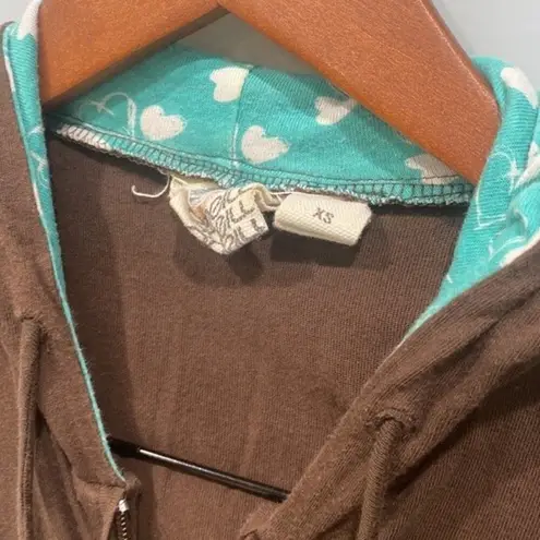 O'Neill  Juniors Brown Turquoise Zip Up Heart Print Bead Hoodie Jacket Sz XS