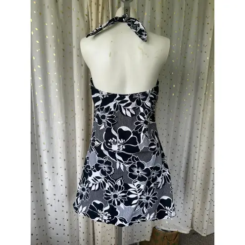 Her Clothes Hawaiian Aloha Tropical Floral Halter Self Tie Side Zip Mini Dress S Black