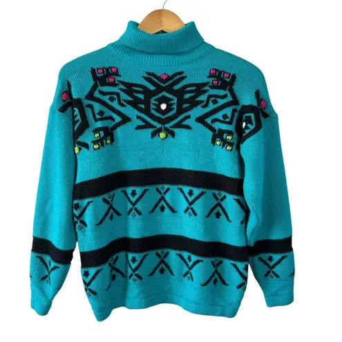 Vintage 80's Gitano Turquoise Embroidered Turtleneck Sweater Southwestern Small Blue