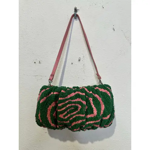 STAUD Pink Green Swirl Psychedelic Beaded Patterned Bean Convertible Bag Purse - Image 4