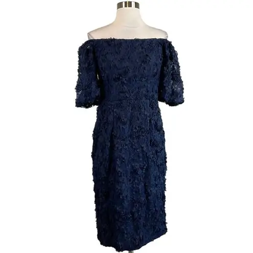 XScape  Women's Cocktail Dress Size 6 Blue 3D Floral Lace Off the Shoulder Sheath