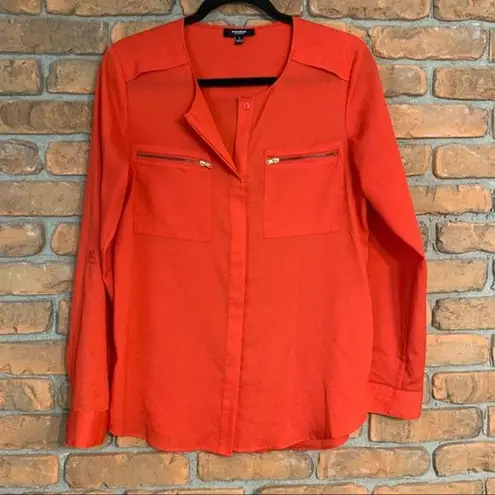 Premise Studio Women's Button Down Zipper Pocket Long Sleeve Blouse Red - Size S