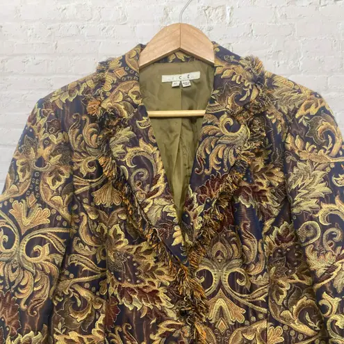 ICE Tapestry Brocade Jacket Size 12 Fringe Gold Navy Baroque Jeweled Buttons