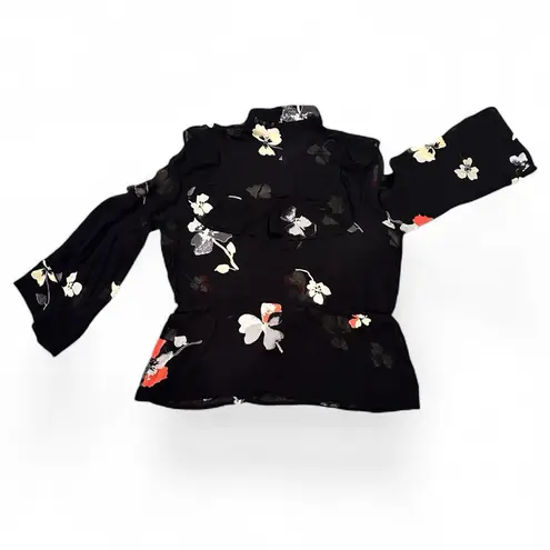 Ganni FLORAL LORITA GEORGETTE BLACK SHEER LONG SLEEVE MOCK NECK BLOUSE TOP