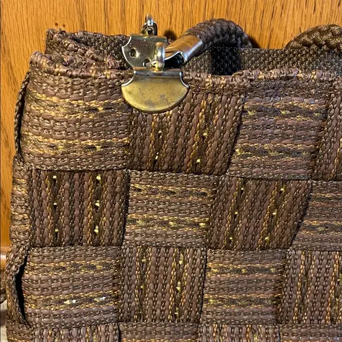 Vintage M & G Bertini Gold Brown Metallic Weave Bag with Woven Rope Handles