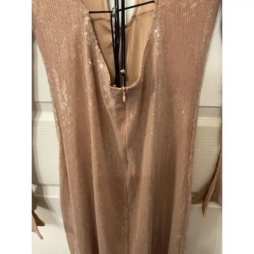 NWOT Meilun Deep V Dress Drawstring Long Sleeve Sequin Dress Long Gown, sz M Gold Size M