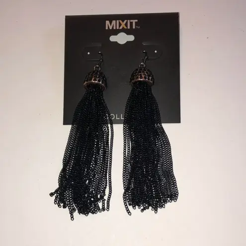 Mixit Black Metal Chain Dangling Tassel Rhinestone CZ Pierced Earrings