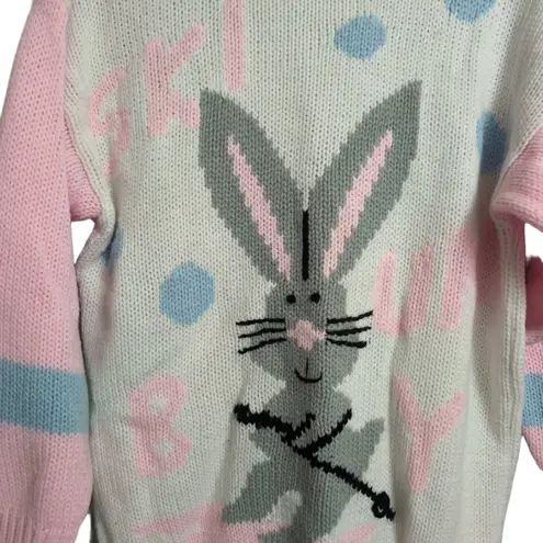 Ski Bunny Sweater White Pink Blue Graphic Crew Neck VTG Knit Sweater FLAW Size undefined