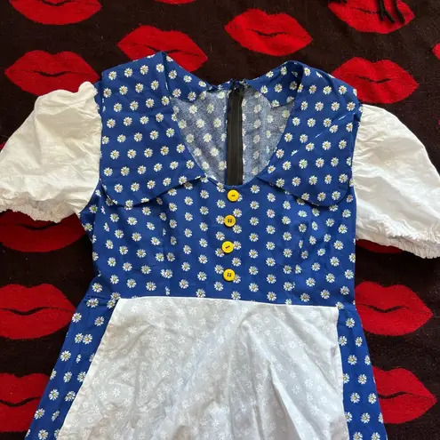 Handmade 60s 70s style apron milkmaid blue white daisy dress S