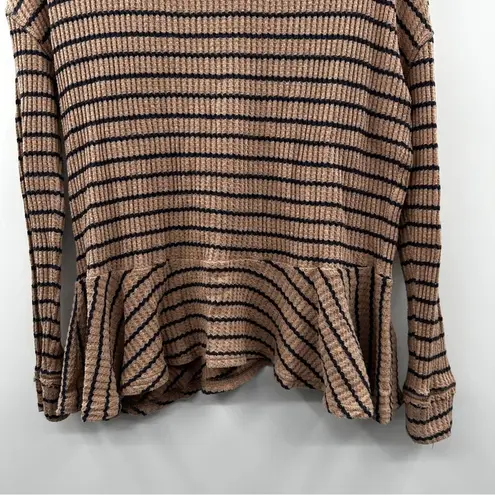 Free People We The  Oversized Tan & Black Striped Waffle Knit Peplum Top Size S