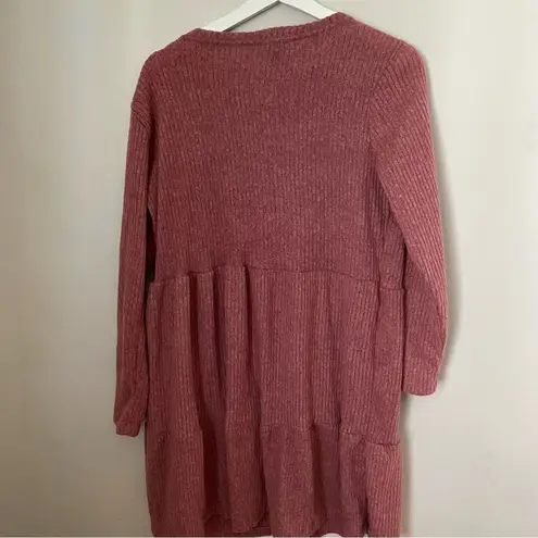 CENY Dress Babydoll Long Sleeve Pink Ribbed Crewneck Soft Casual Cute Size L