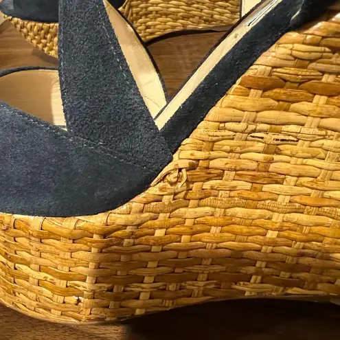 Prada Suede Crisscross Wicker Wedge Sandal - Navy