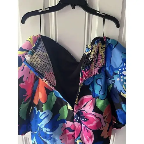 Klesis NEW Satin Floral Print Off Shoulder Cocktail Mini Dress Size Medium Blue