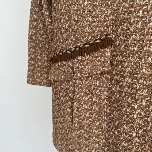 St. John Tweed Blazer Jacket 12 Brown Textured Knit Gold Button Fringe Jacket