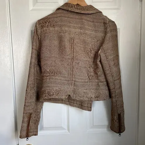 Free People  Brown Ikat Tapestry Asymmetrical Zip Short Jacket size 4 Moto READ