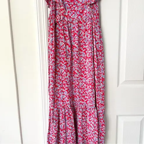 ZARA  Red Blue Floral Ruffle Shoulder Crepe Midi Tunic Prairie Dress Medium