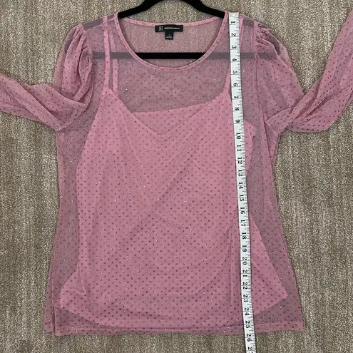INC Barbie Glitter Dot Mesh Sparkle Sheer Camisole Pink 3/4 Sleeve Top Large