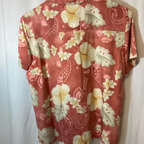 Caribbean Joe  Tropical Floral Short Sleeve Button Up Notched Collar Blouse Top