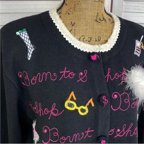 Berek Vintage 90s Born To Shop Embroidered Appliqué Cardigan Sweater Black XL Black